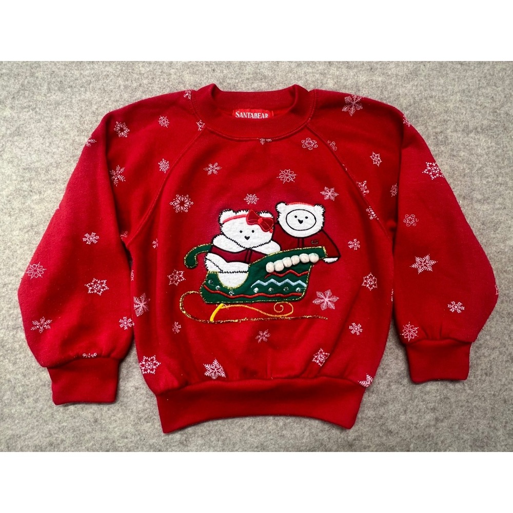 VTG Santabear Red Fleece Sweatshirt Christmas‎ Snowflakes Bears Sleigh Sz 6